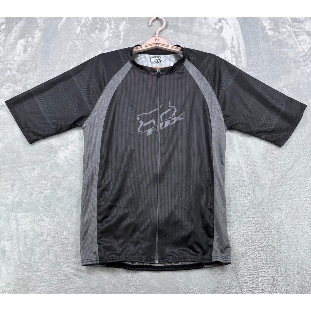 Fox Racing Cycling Jersey Mens Med Gray Black Full Zip Short Sleeve Shirt